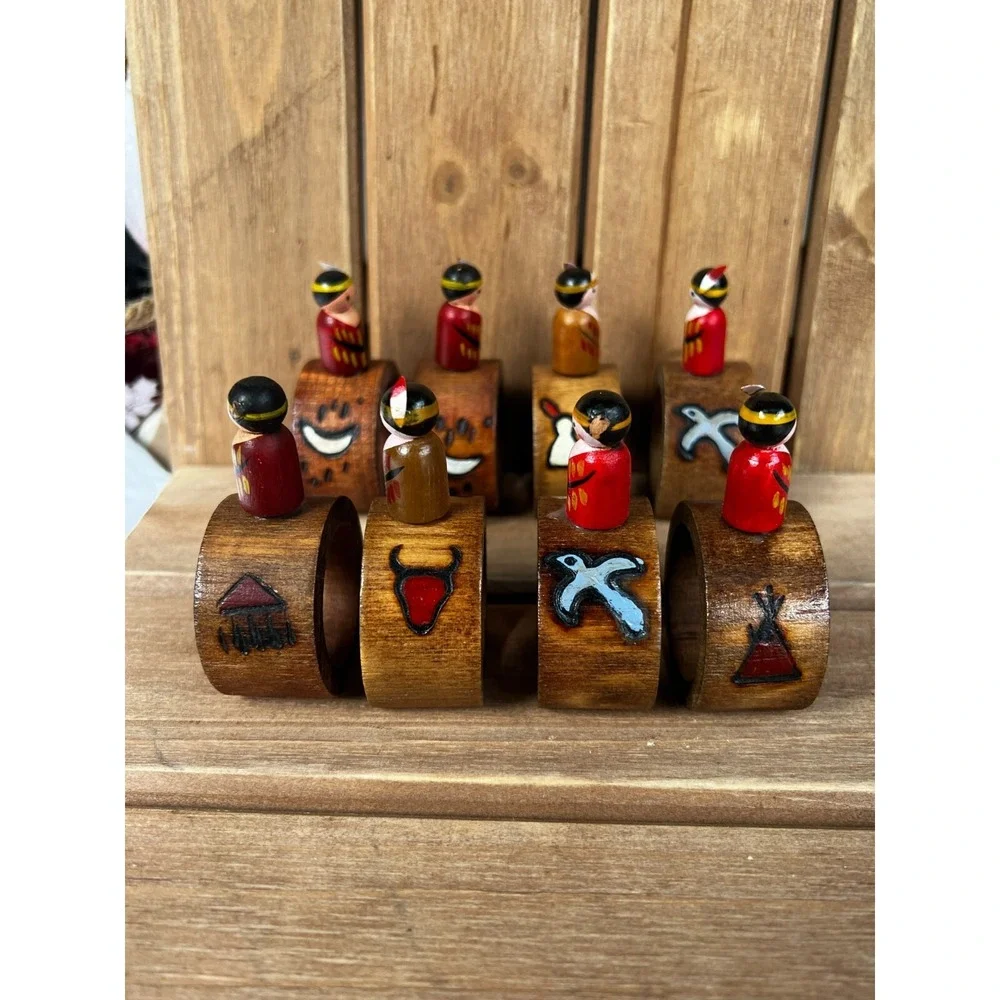 Native American Indian Style Wood Napkin ~ Rings Set of 8 ~ Carved Hand-Painted